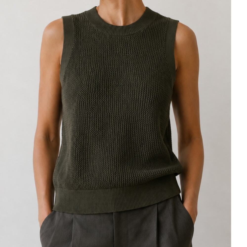 JOSEPH Crispy Cotton Dark Olive Green Knit Sleeveless Top Sweater Size Small